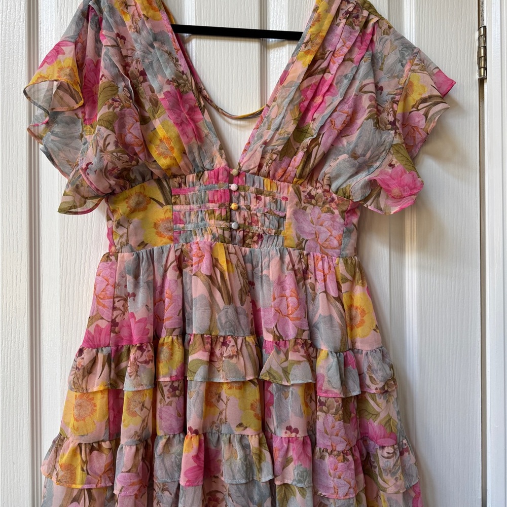 Olivaceous Floral Mini Dress - Pink and Yellow